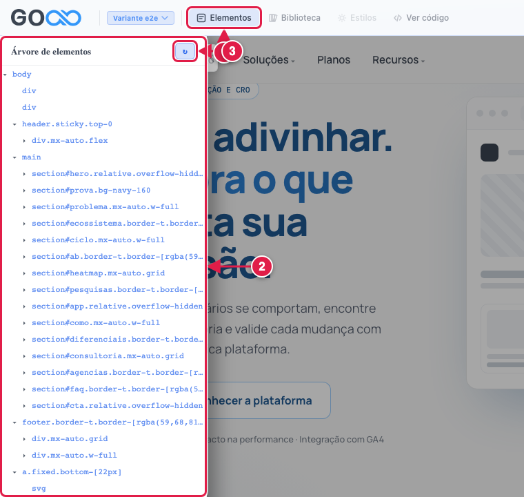 Árvore de elementos aberta na lateral esquerda