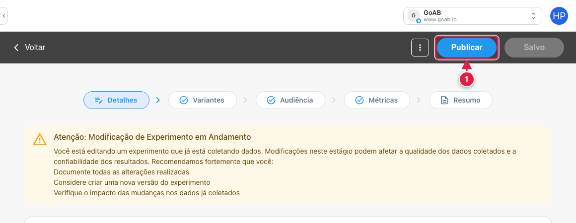 Botão Publicar na barra superior do teste
