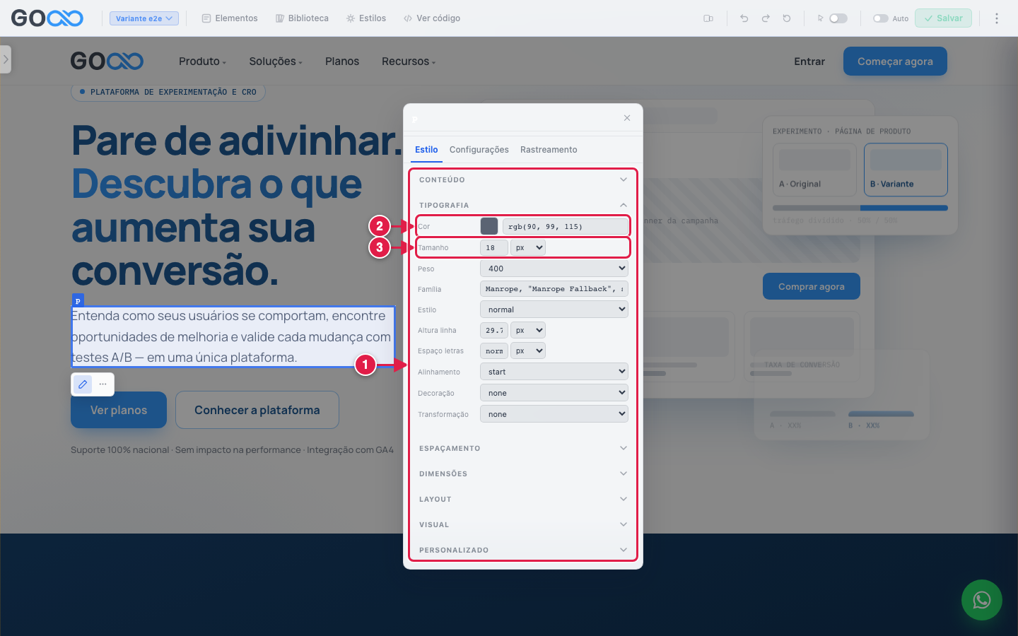 Grupos de estilo e campos de tipografia