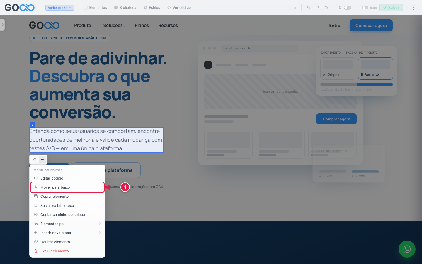 Item Mover para baixo no menu do elemento