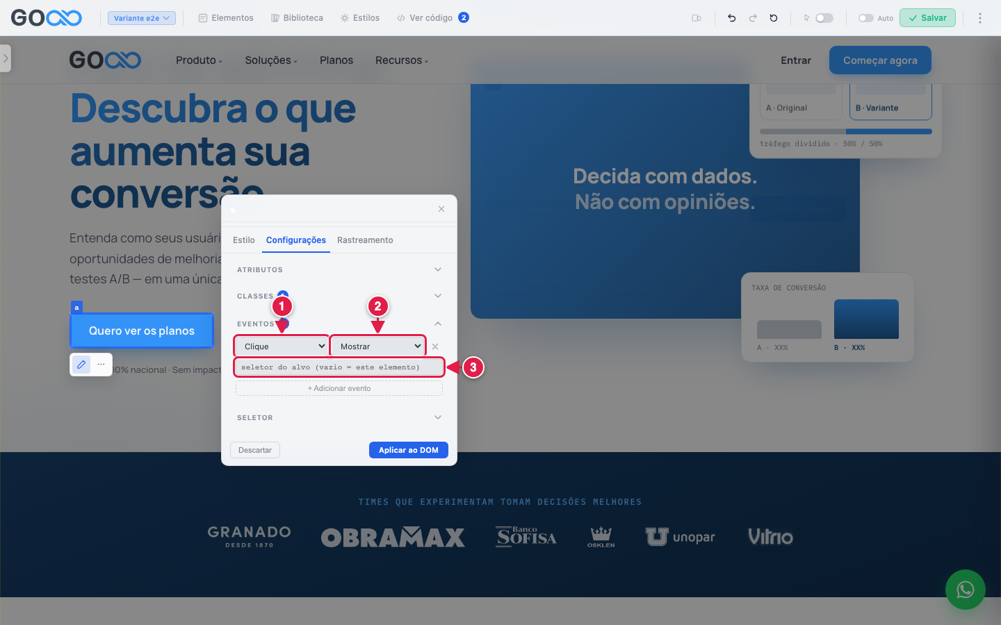 Linha de evento com gatilho, ação e alvo