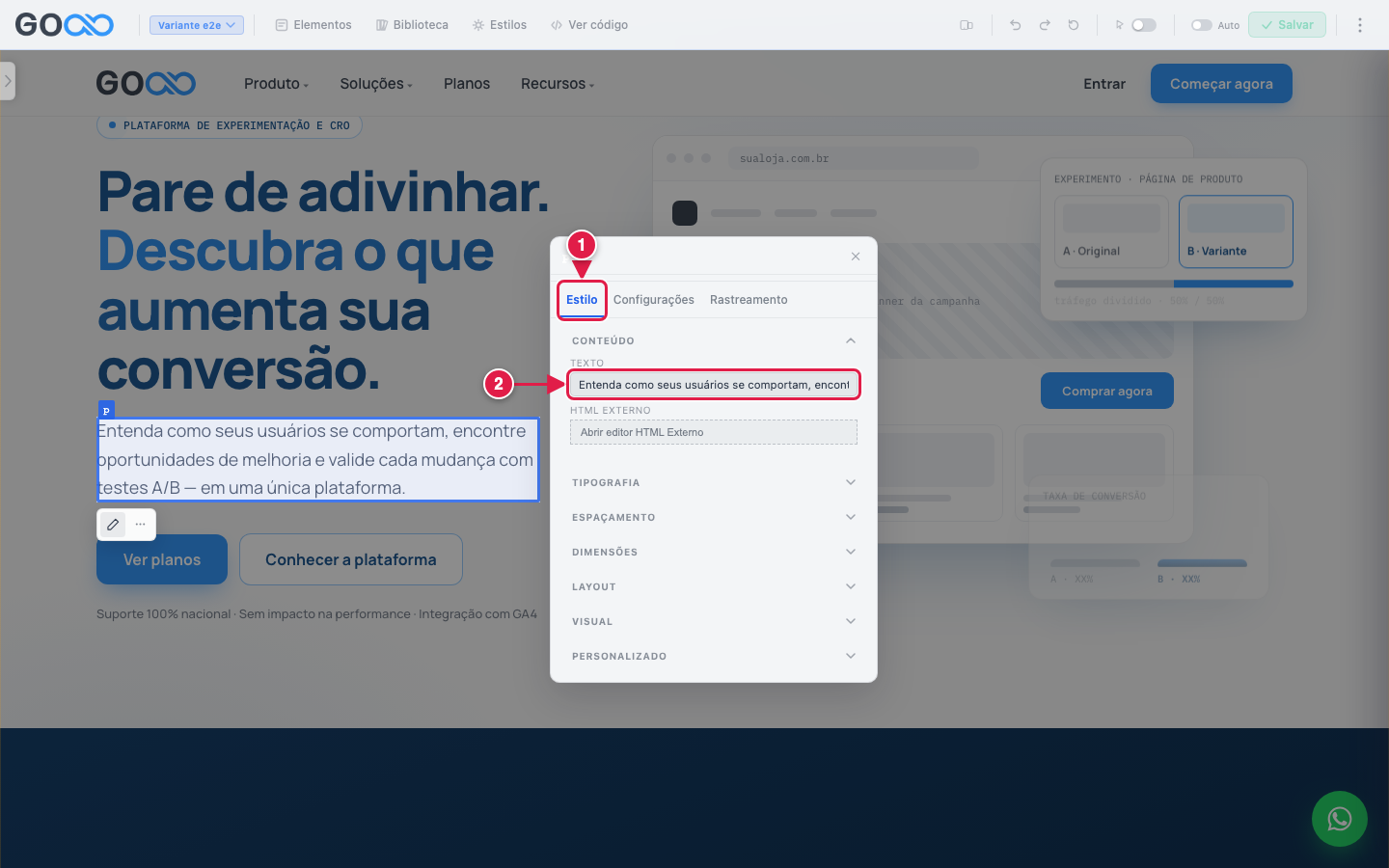 Painel de edição com a aba Estilo e o campo Texto