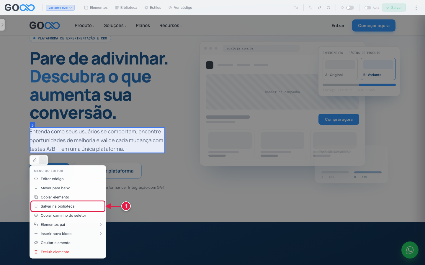Item Salvar na biblioteca no menu do elemento