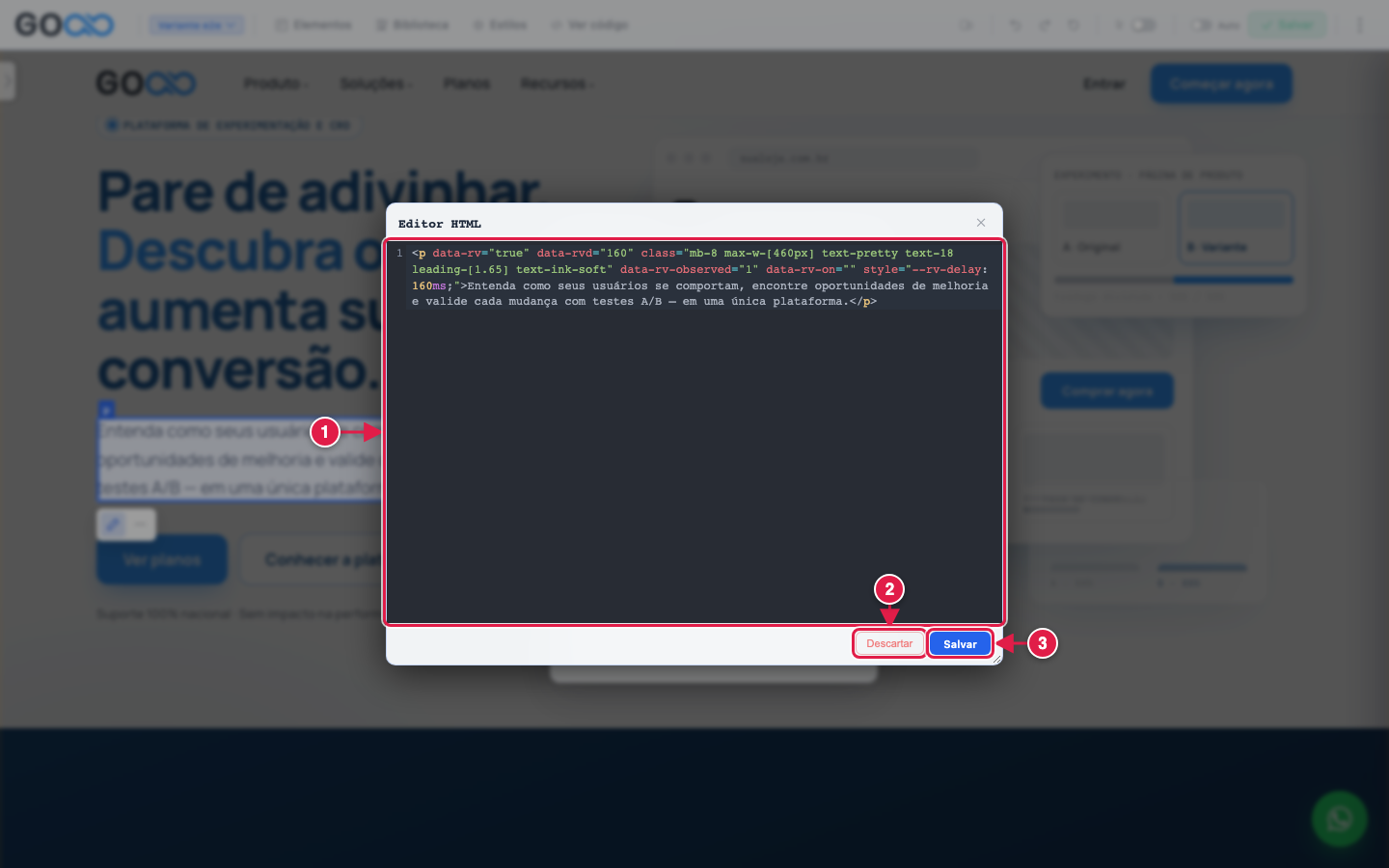 Editor HTML aberto com o código do elemento