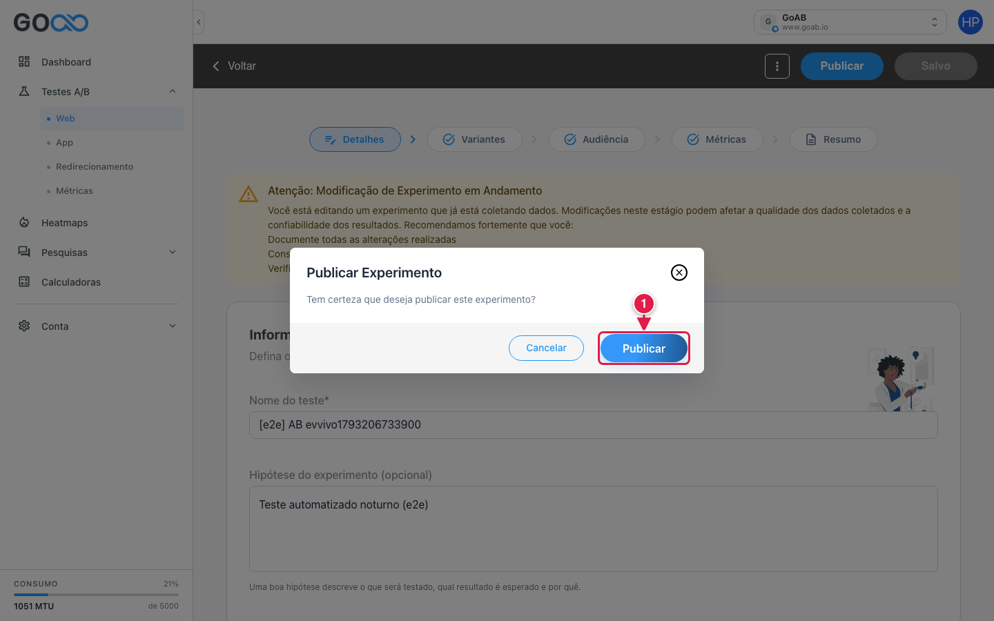 Janela de confirmação Publicar Experimento
