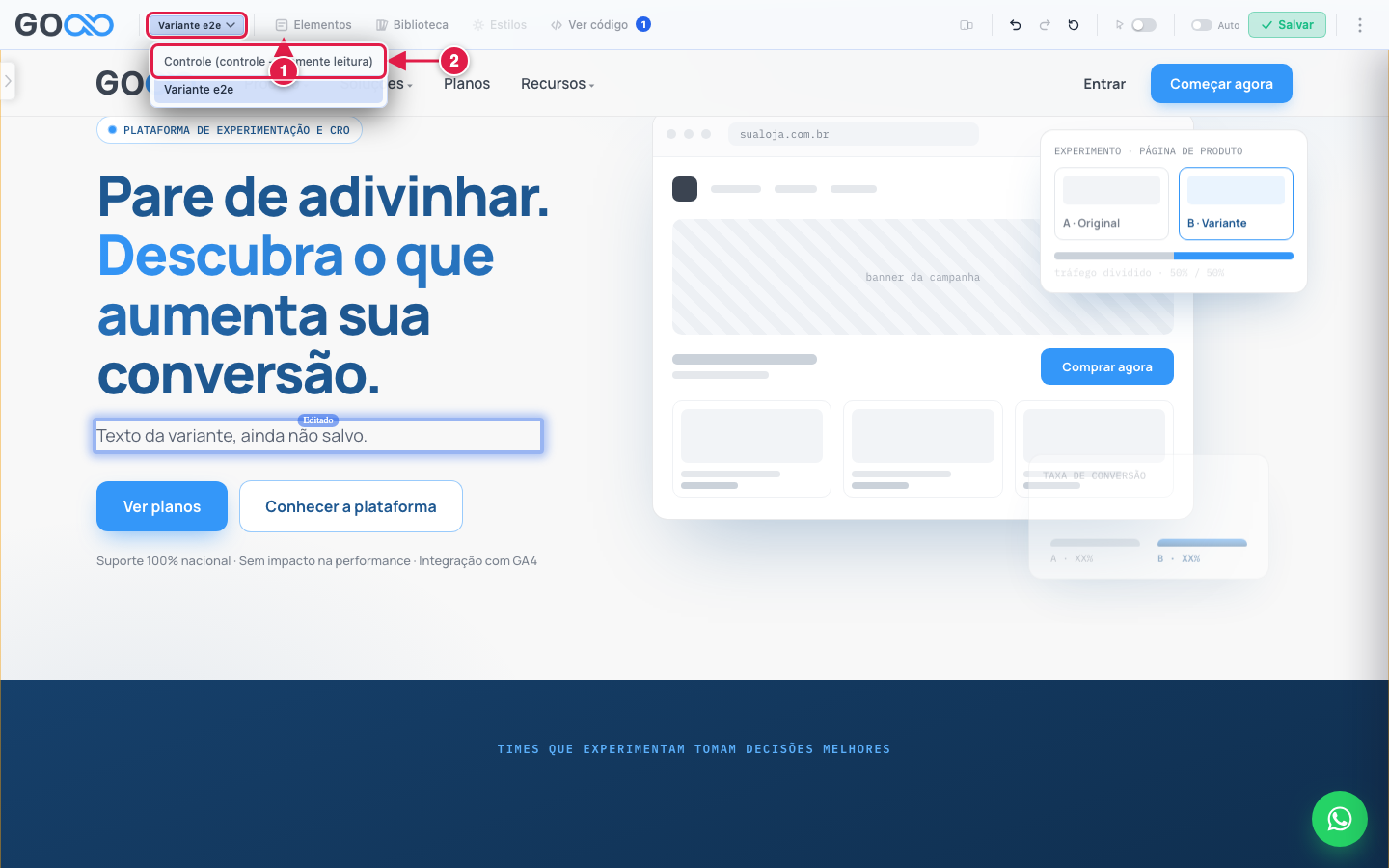 Lista de variantes na barra do editor