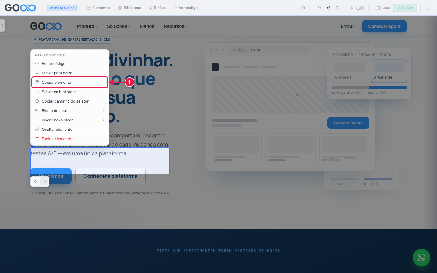Item Copiar elemento no menu do elemento