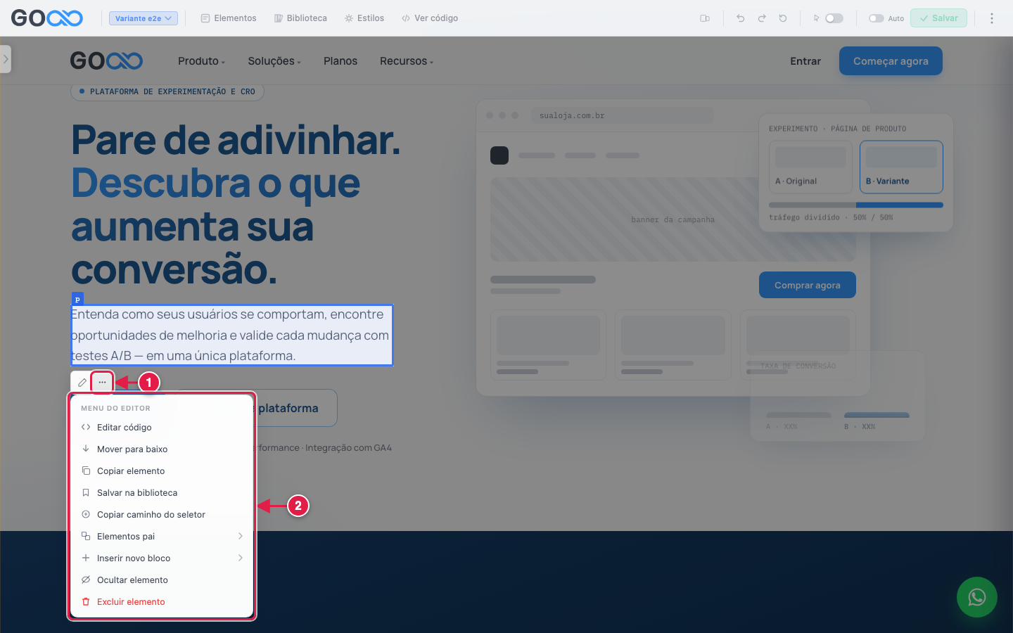Menu do elemento com as ações disponíveis