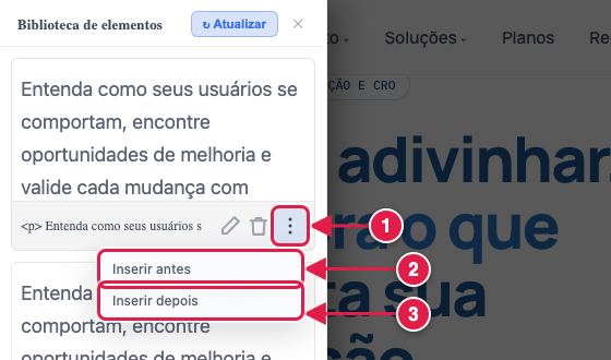 Opções Inserir antes e Inserir depois