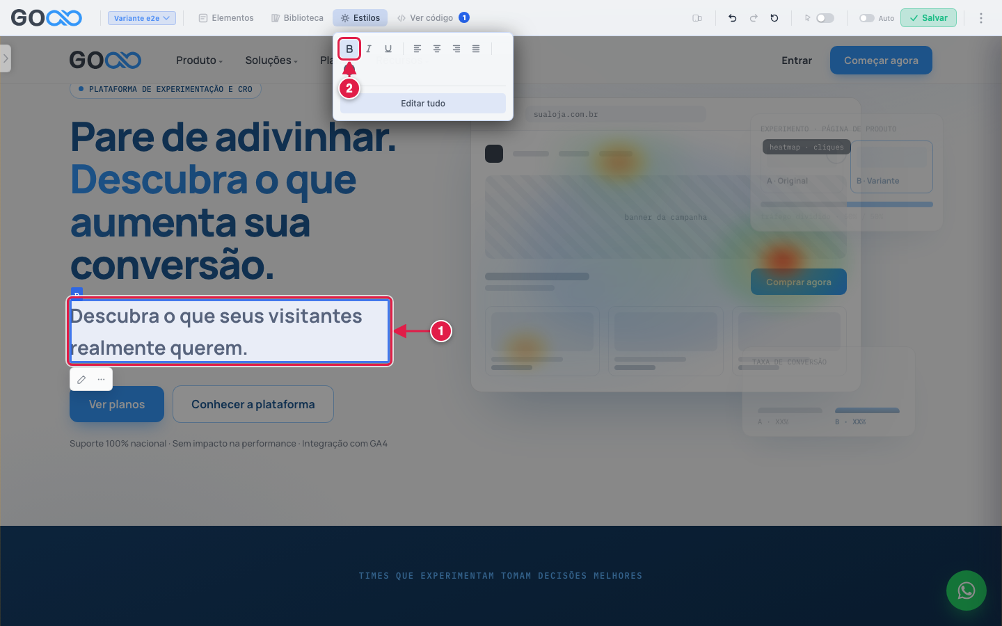 Texto em negrito depois de clicar no atalho