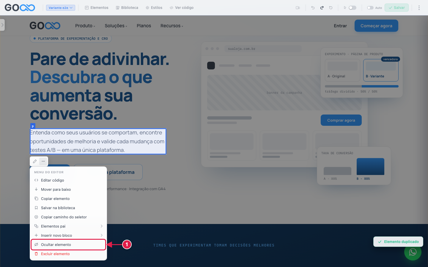 Item Ocultar elemento no menu do elemento